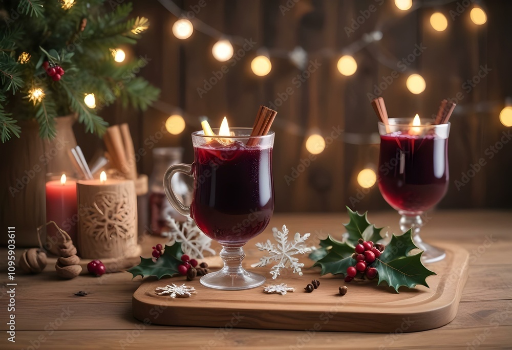 Festive wooden background featuring warm mulled wine, rustic Christmas decor, and soft glowing lights Festive wooden background featuring warm mulled wine, rustic Christmas decor, and soft glowing lights