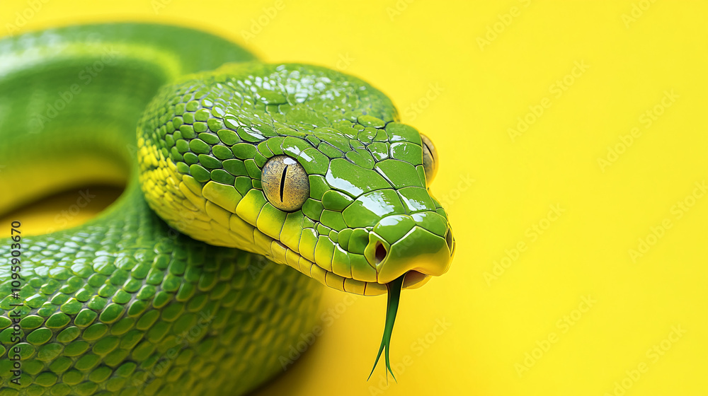 Fototapeta premium Bright green snake poses against a vibrant yellow backdrop, showcasing its scales and unique features while flicking its tongue for sensory exploration