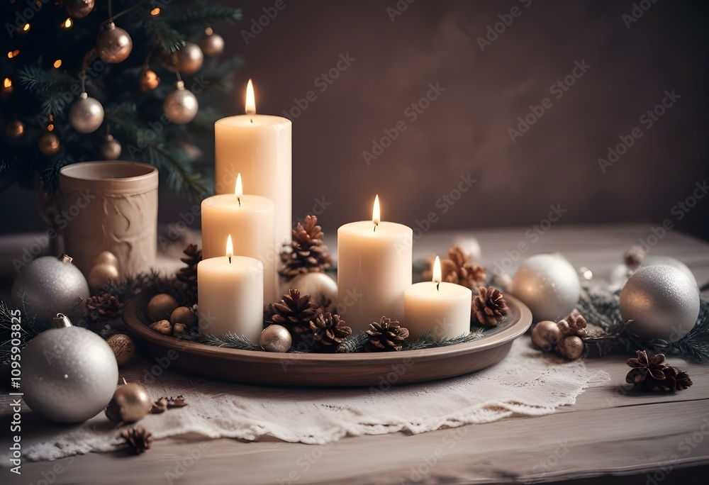 Festive candlelit Christmas scenes with rustic wooden textures, cozy pinecones, and elegant lace-wrapped candles creating a warm and inviting holiday ambiance Festive candlelit Christmas scenes with rustic wooden textures, cozy pinecones, and elegant lace-wrapped candles creating a warm and inviting holiday ambiance