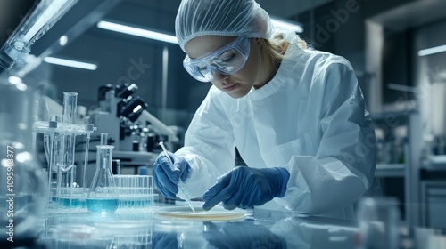 A serious female microbiologist in sterile lab attire and safety goggles, carefully dropping a reagent into a petri dish, surrounded by advanced laboratory equipment and a sterile environment. photo