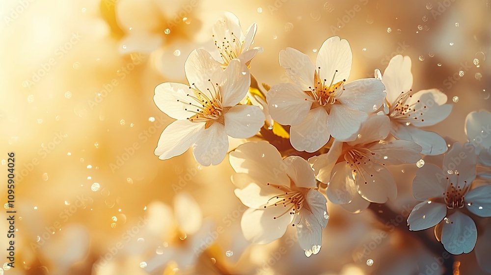 Delicate White Blossoms Basking In Golden Sunlight Delicate White Blossoms Basking In Golden Sunlight
