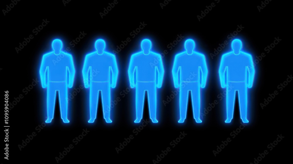 People in a line of blue lights, captivating visual of light and shadow People in a line of blue lights, captivating visual of light and shadow