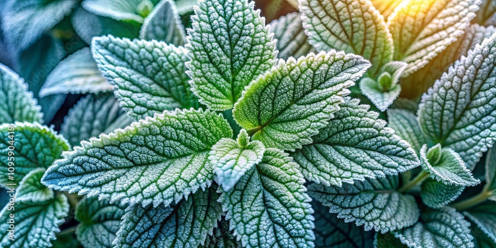 Close-up of frost-covered foliage, showcasing intricate leaf textures and delicate ice crystals in morning light Close-up of frost-covered foliage, showcasing intricate leaf textures and delicate ice crystals in morning light
