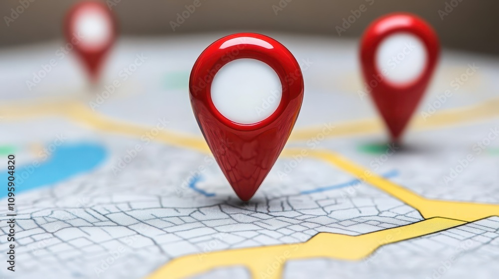 Red pin on map, highlighting specific location among multiple destinations for travel planning and navigation Red pin on map, highlighting specific location among multiple destinations for travel planning and navigation