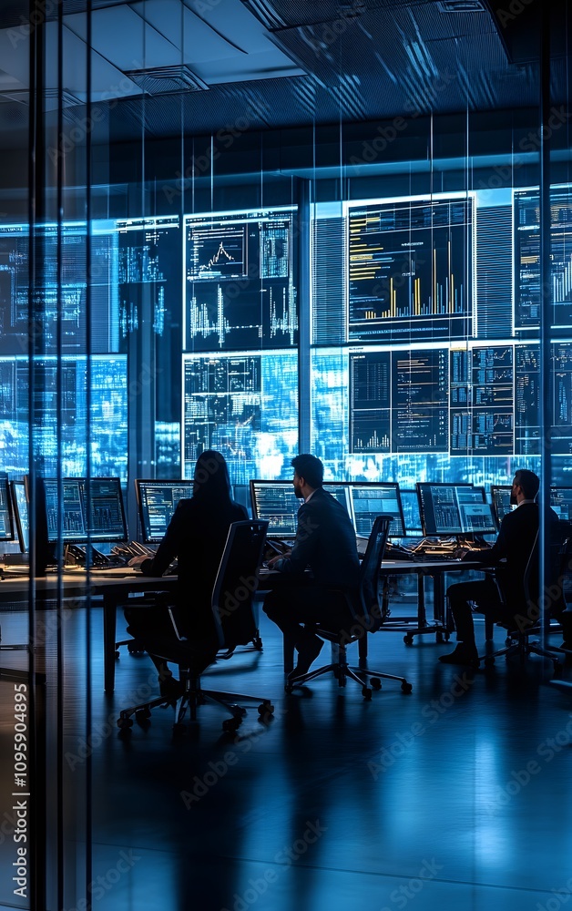 A modern control room filled with screens displaying data analytics, illustrating a high-tech environment for professionals. A modern control room filled with screens displaying data analytics, illustrating a high-tech environment for professionals.