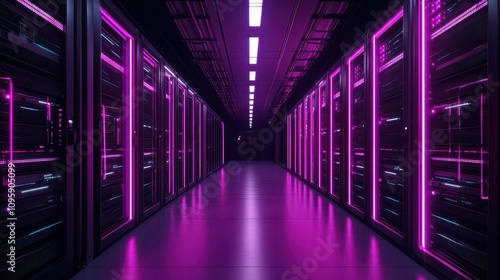 Long server room hallway with rows of network servers, look into modern data center infrastructure