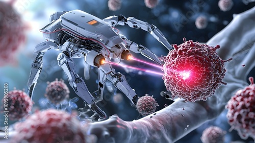 Futuristic nanobot operating, destroying a cancer cell with a laser inside a human body photo