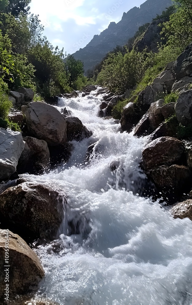 A mountain stream rushing downhill with incredible force, carving its way through rocks and trees, mountain stream, water force in nature A mountain stream rushing downhill with incredible force, carving its way through rocks and trees, mountain stream, water force in nature