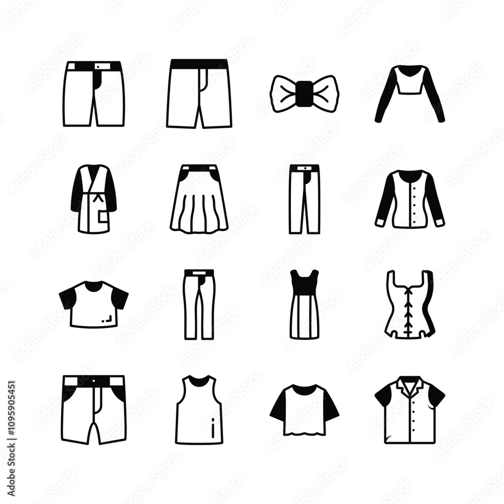 A collection of minimalist icons depicting various clothing items A collection of minimalist icons depicting various clothing items