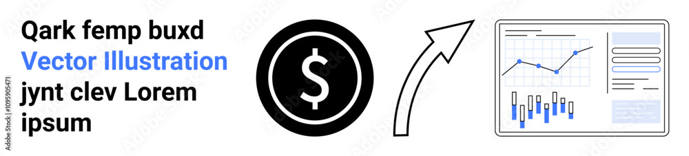 Dollar symbol, upward arrow, data chart with bars and line graph. Ideal for finance, economics, investments, business growth, data analytics, market trends. Landing page Dollar symbol, upward arrow, data chart with bars and line graph. Ideal for finance, economics, investments, business growth, data analytics, market trends. Landing page