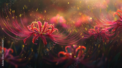 Red Spider Lily Flower with Golden Dust and Bokeh Effect