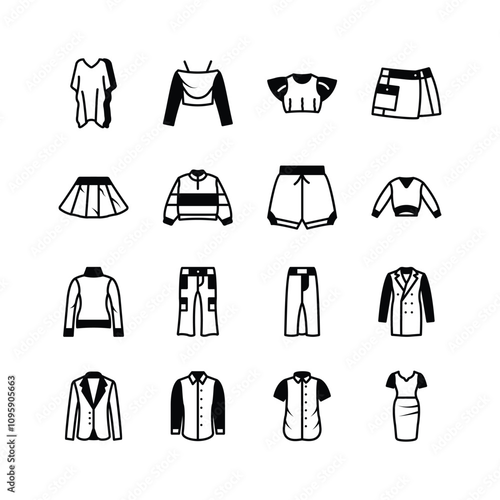A set of icons depicting various clothing items including shirts, blouses, skirts, pants, shorts, a dress, and a jacket A set of icons depicting various clothing items including shirts, blouses, skirts, pants, shorts, a dress, and a jacket
