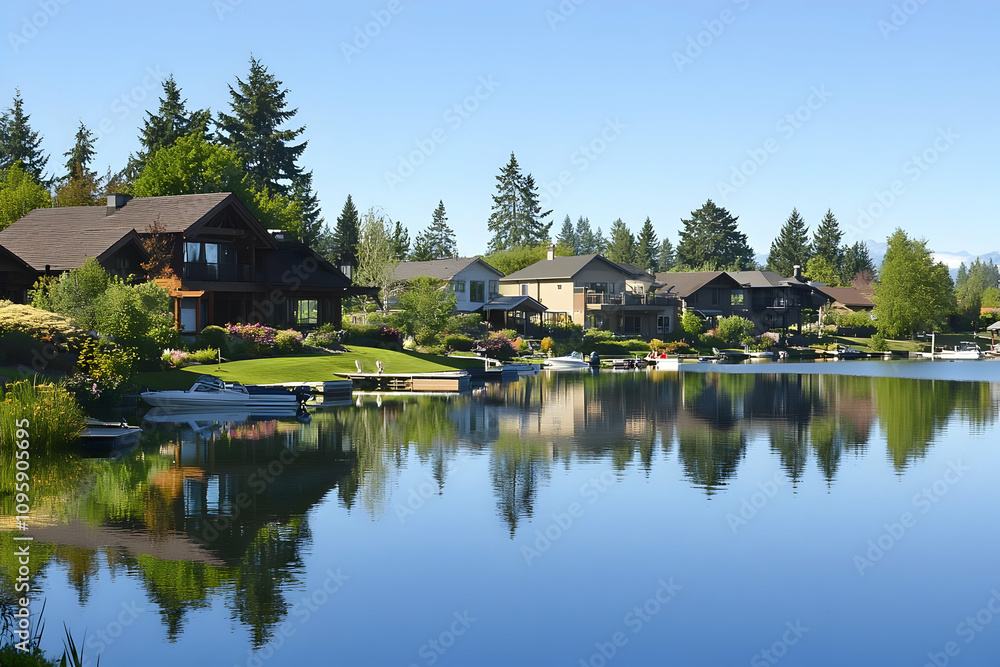 Real estate picture birds eye view neighborhood - Tranquil lakeside view with homes and reflections in clear water. Real estate picture birds eye view neighborhood - Tranquil lakeside view with homes and reflections in clear water.