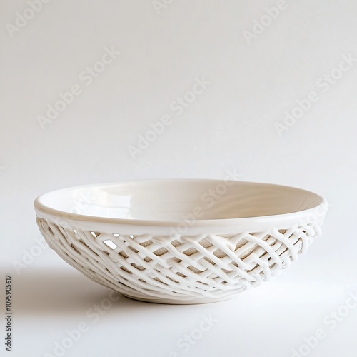 White ceramic bowl with woven design. (1)