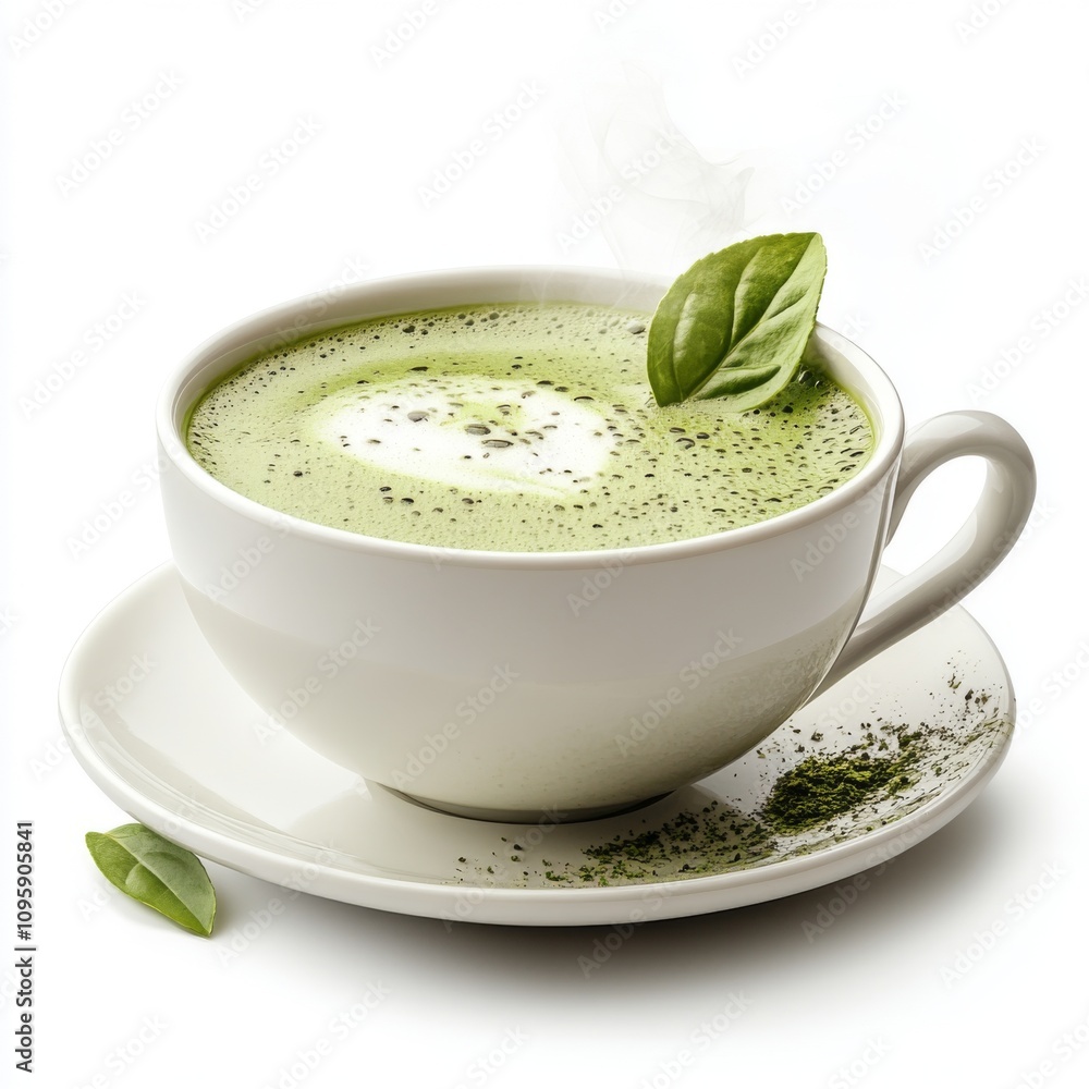 Aromatic Matcha Latte with Heart-Shaped Foam and Fresh Leaf Aromatic Matcha Latte with Heart-Shaped Foam and Fresh Leaf