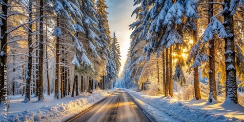 Winter sunrise illuminates a snow-covered road winding through a tranquil pine forest