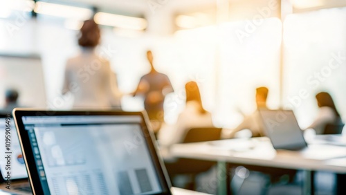 Soft blur of laptops and smartboards in a dynamic office environment.
 photo