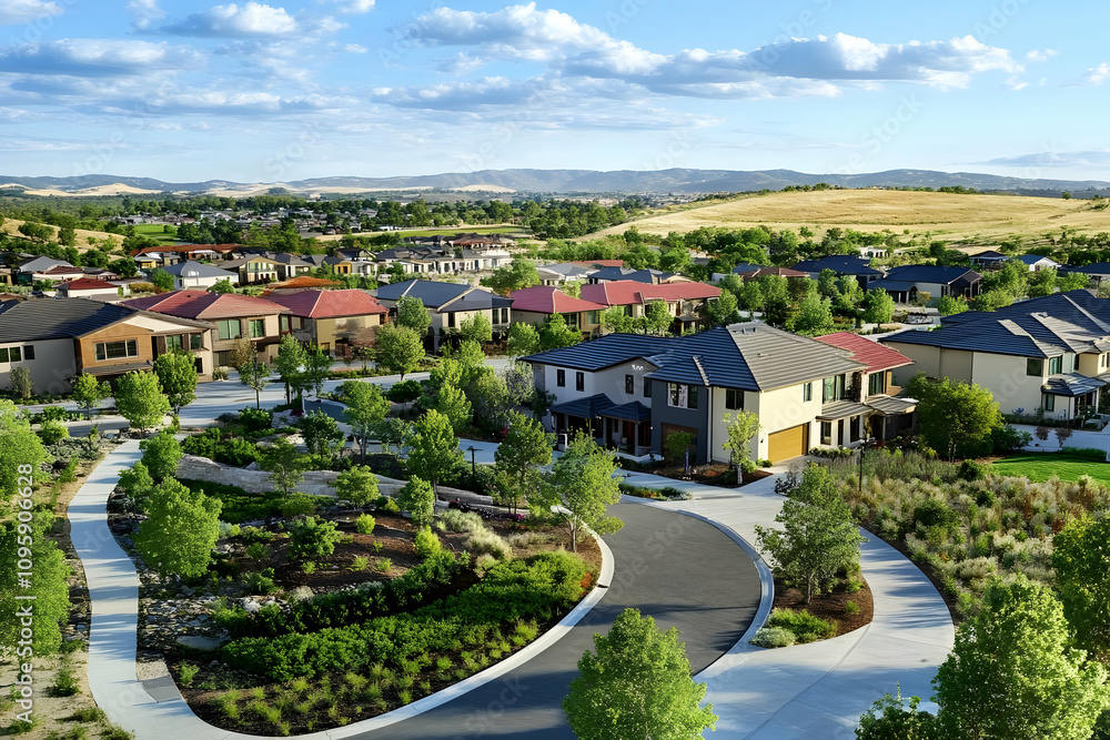 Real estate picture birds eye view neighborhood - Aerial view of a modern residential neighborhood with landscaped gardens and winding roads. Real estate picture birds eye view neighborhood - Aerial view of a modern residential neighborhood with landscaped gardens and winding roads.