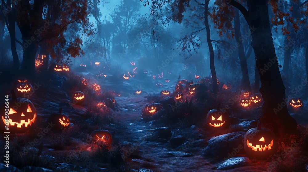 Explore the enchanting pathway of glowing jack-o'-lanterns in a mysterious halloween forest Explore the enchanting pathway of glowing jack-o'-lanterns in a mysterious halloween forest