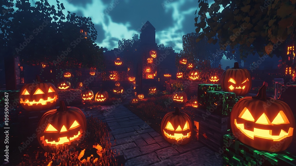 Create a spooky halloween atmosphere with glowing jack-o'-lanterns and enchanting nightscapes Create a spooky halloween atmosphere with glowing jack-o'-lanterns and enchanting nightscapes
