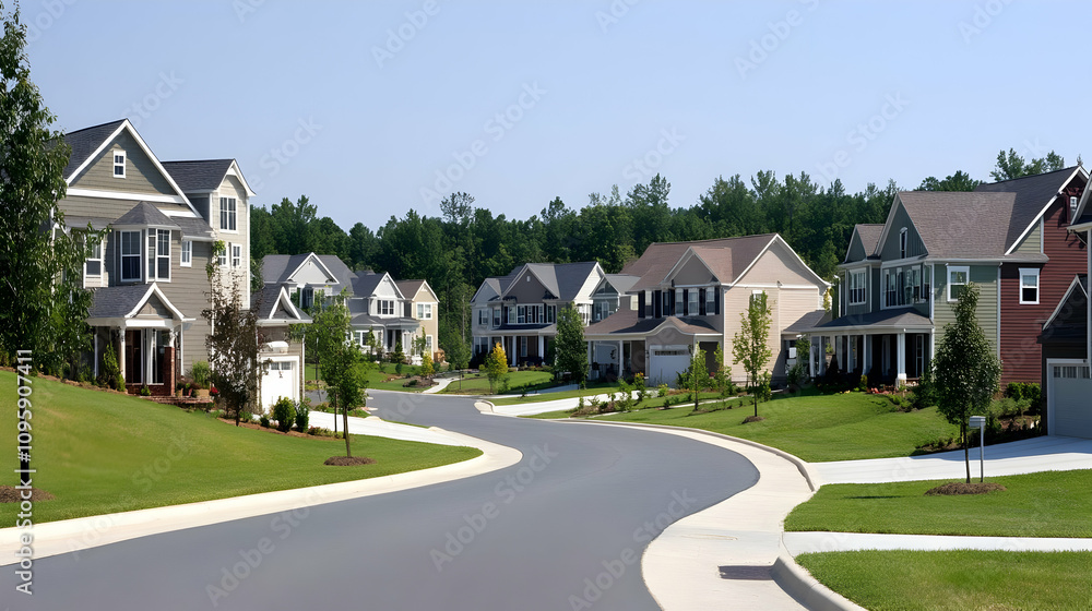 Real estate picture birds eye view neighborhood - A serene suburban neighborhood with well-maintained homes and green lawns. Real estate picture birds eye view neighborhood - A serene suburban neighborhood with well-maintained homes and green lawns.