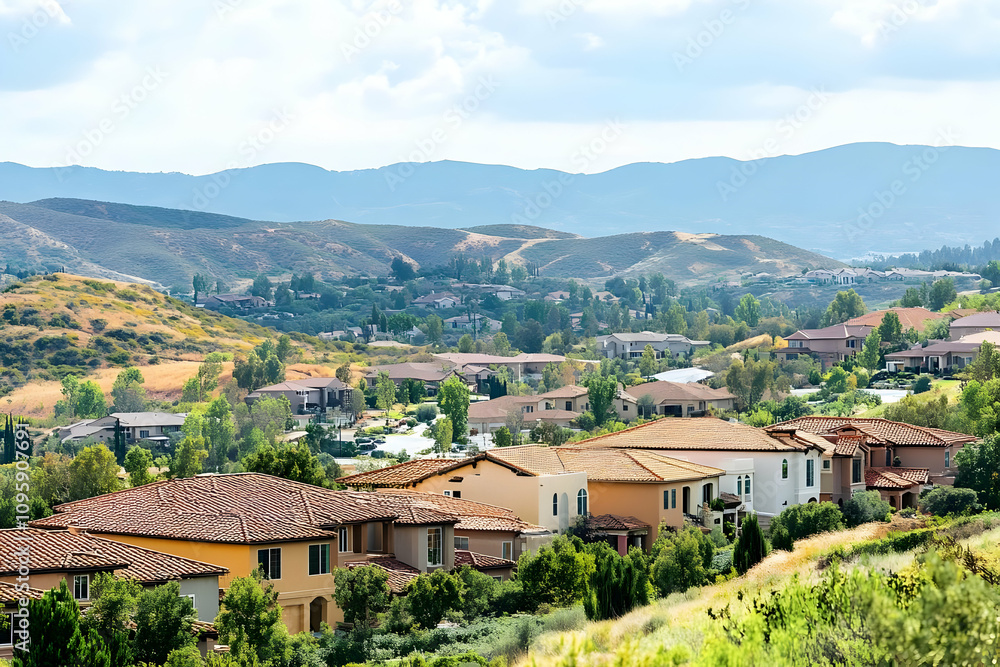 Real estate picture birds eye view neighborhood - Scenic view of suburban homes with rolling hills in the background. Real estate picture birds eye view neighborhood - Scenic view of suburban homes with rolling hills in the background.