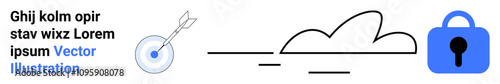 Blue lock with keyhole, dart hitting target bullseye, and abstract cloud with lines. Ideal for security, technology, goal setting, cloud services, data protection, business, digital illustration