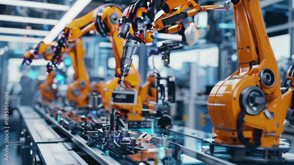 Robotic arms assembling components in a modern manufacturing facility. Robotic arms assembling components in a modern manufacturing facility.