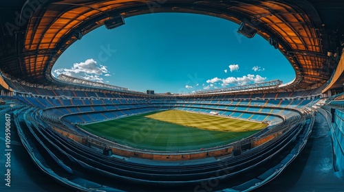 Panoramic view of an empty stadium under a bright blue sky.