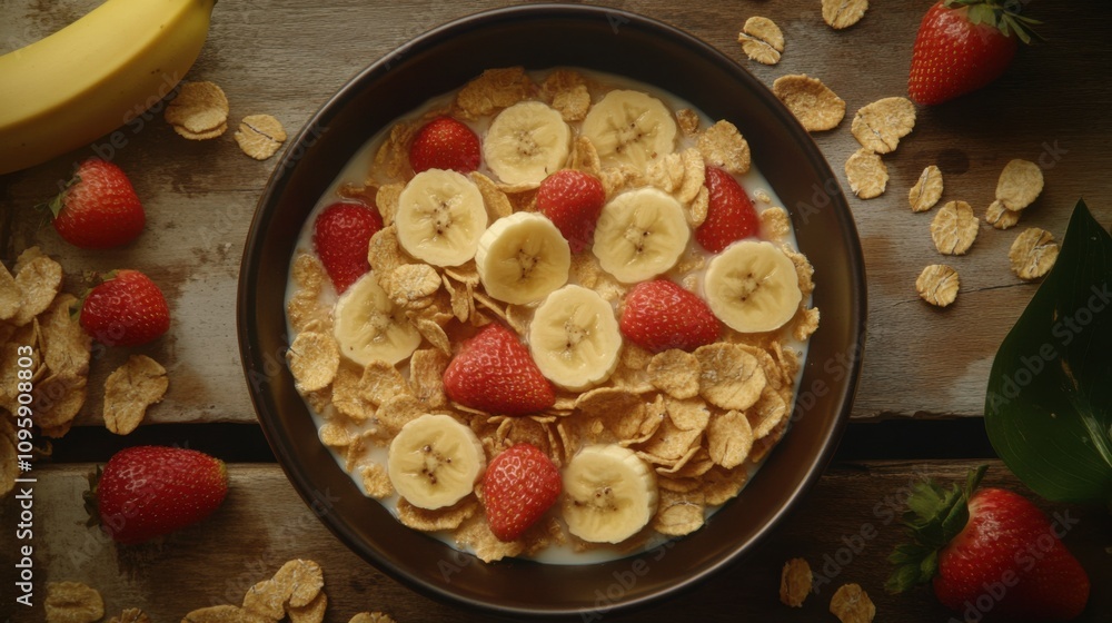 Fresh Cereal Bowl with Fruit on Wooden Table Fresh Cereal Bowl with Fruit on Wooden Table