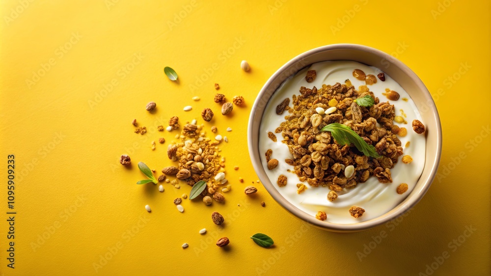 A Delicious and Nutritious Bowl of Yogurt with Granola and Seeds on a Vibrant Yellow Background A Delicious and Nutritious Bowl of Yogurt with Granola and Seeds on a Vibrant Yellow Background