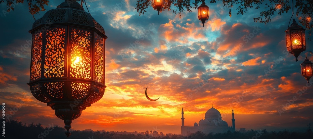Elegant Ramadan Kareem background with lanterns and a crescent moon Elegant Ramadan Kareem background with lanterns and a crescent moon