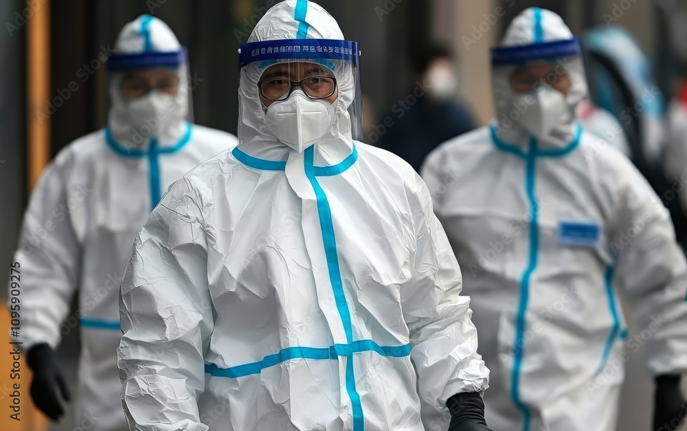 Multiple layers of protection worn by doctors when dealing with highly contagious diseases Multiple layers of protection worn by doctors when dealing with highly contagious diseases