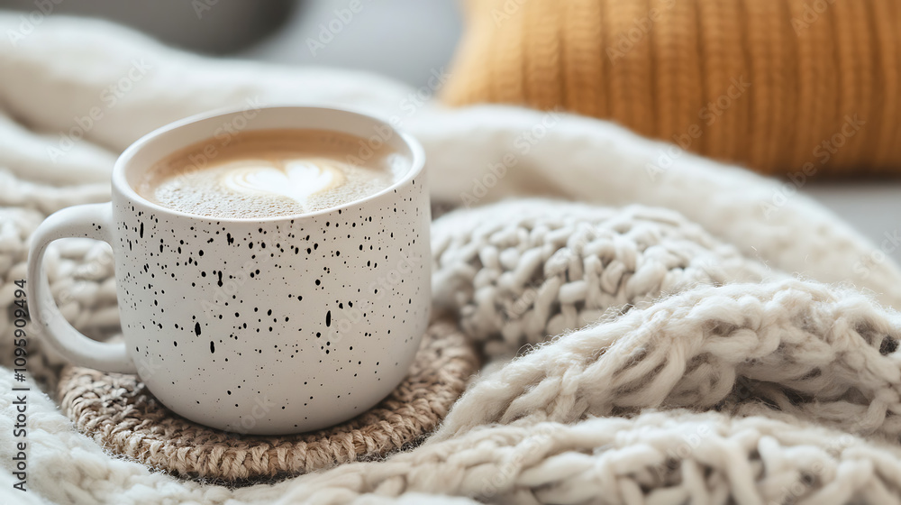 A minimalist ceramic mug with a matte finish, holding freshly brewed coffee, set on a cozy woolen coaster A minimalist ceramic mug with a matte finish, holding freshly brewed coffee, set on a cozy woolen coaster