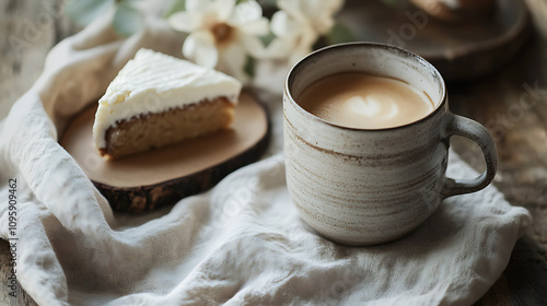 Wallpaper Mural A serene morning setup with a handmade ceramic cup of coffee on a linen napkin, accompanied by a slice of cake  Torontodigital.ca