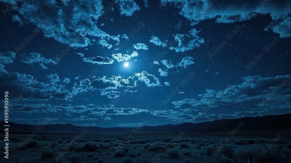 Moonlit night with scattered clouds, illuminating a serene landscape under the starry sky Moonlit night with scattered clouds, illuminating a serene landscape under the starry sky