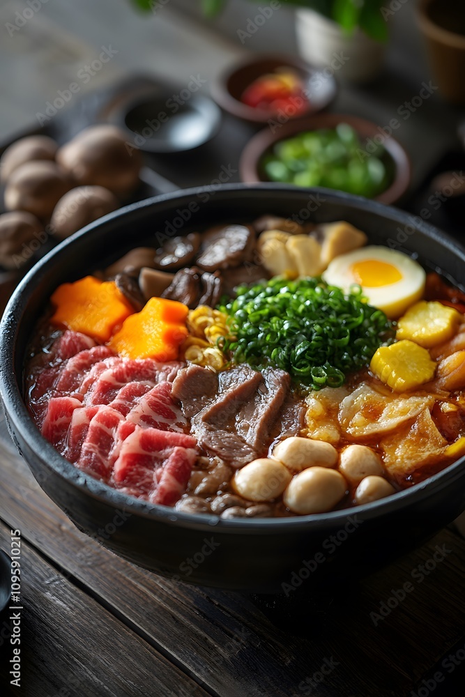 A hearty and flavorful Japanese beef and vegetable hot pot, a delicious and comforting meal perfect for a cold day. A hearty and flavorful Japanese beef and vegetable hot pot, a delicious and comforting meal perfect for a cold day.
