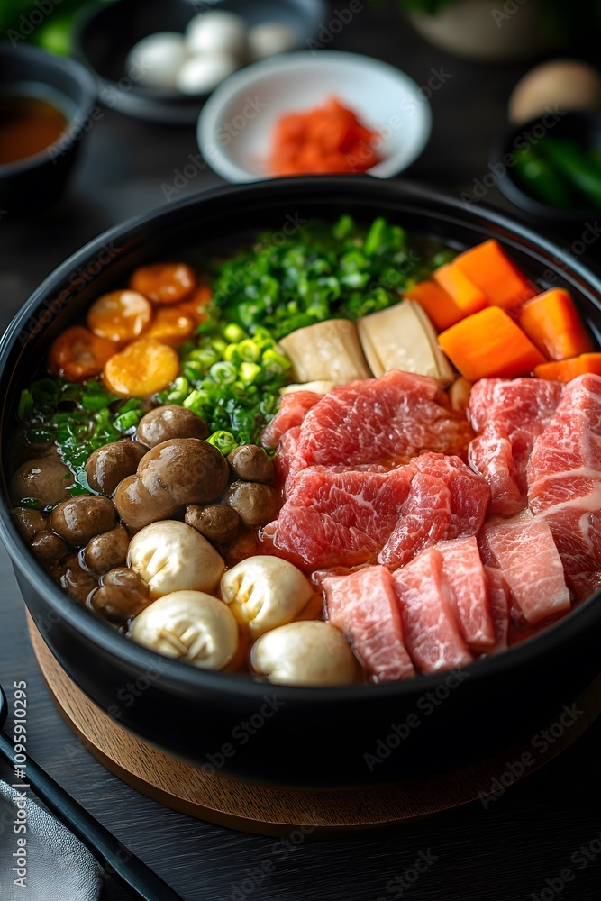 A close-up shot of a Japanese hot pot with beef, mushrooms, and vegetables. A close-up shot of a Japanese hot pot with beef, mushrooms, and vegetables.
