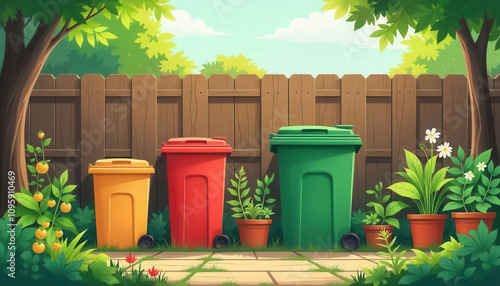 Recycling initiative in a home garden environmental awareness colorful bins lush greenery outdoor setting sustainable living