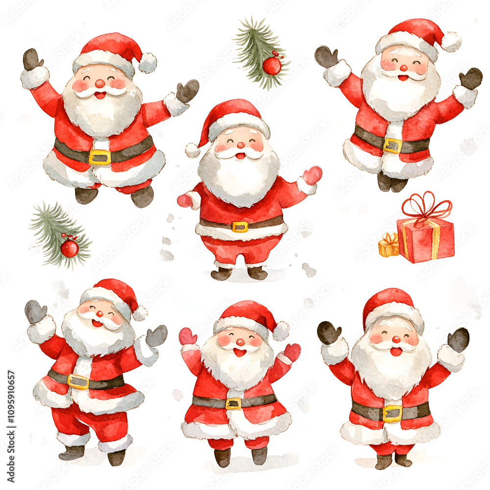 Joyful watercolor santa claus collection holiday spirit illustration art festive ambience whimsical cheerful concept Joyful watercolor santa claus collection holiday spirit illustration art festive ambience whimsical cheerful concept