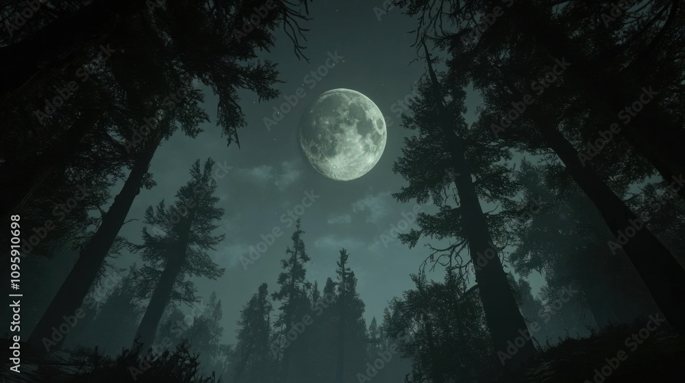 Night sky illuminated by a full moon, with silhouettes of tall trees framing the scene Night sky illuminated by a full moon, with silhouettes of tall trees framing the scene