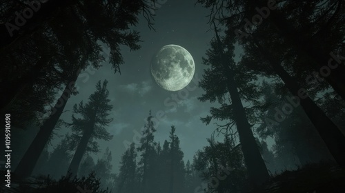 Night sky illuminated by a full moon, with silhouettes of tall trees framing the scene