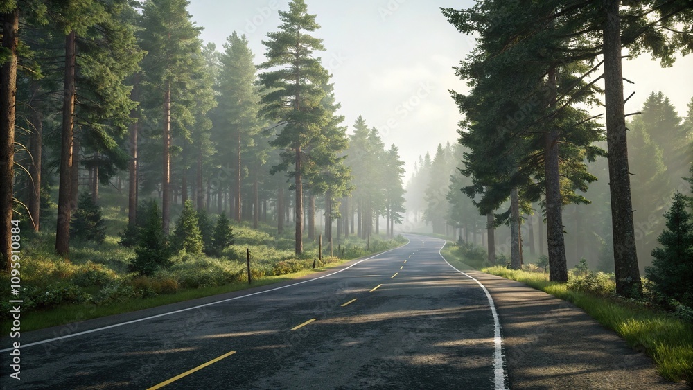 Naklejka premium Asphalt road surrounded by tall trees in front and behind, outdoor, forest, natural scenery