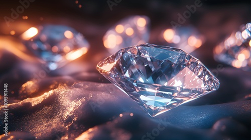 Close-up of sparkling diamonds on a dark, textured surface with warm lighting.