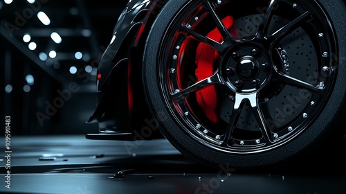 Sleek Black Sports Car Wheel With Red Brakes