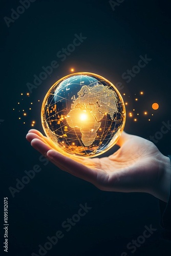 Hand holding a glowing holographic globe with financial symbols, global business opportunities