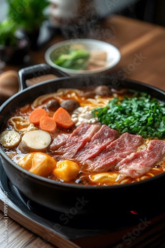 A steaming hot pot with beef, vegetables, and noodles.