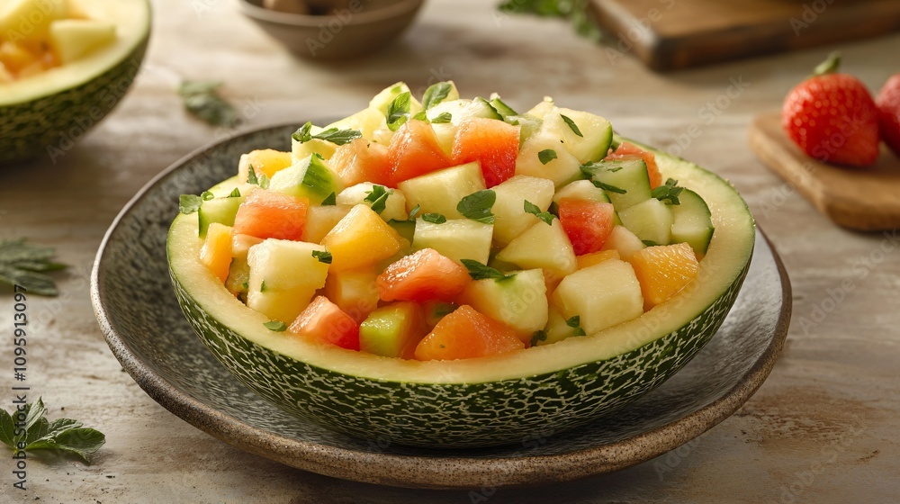 A muskmelon half filled with mixed fruit salad, styled on a rustic ceramic dish A muskmelon half filled with mixed fruit salad, styled on a rustic ceramic dish