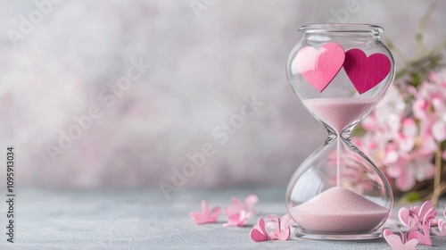 A romantic hourglass with pink hearts, surrounded by delicate flowers, symbolizes love and the passage of time.