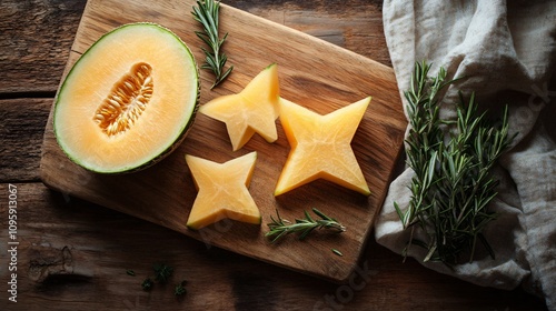 A muskmelon cut into star shapes, styled with sprigs of rosemary on a wooden cutting board photo